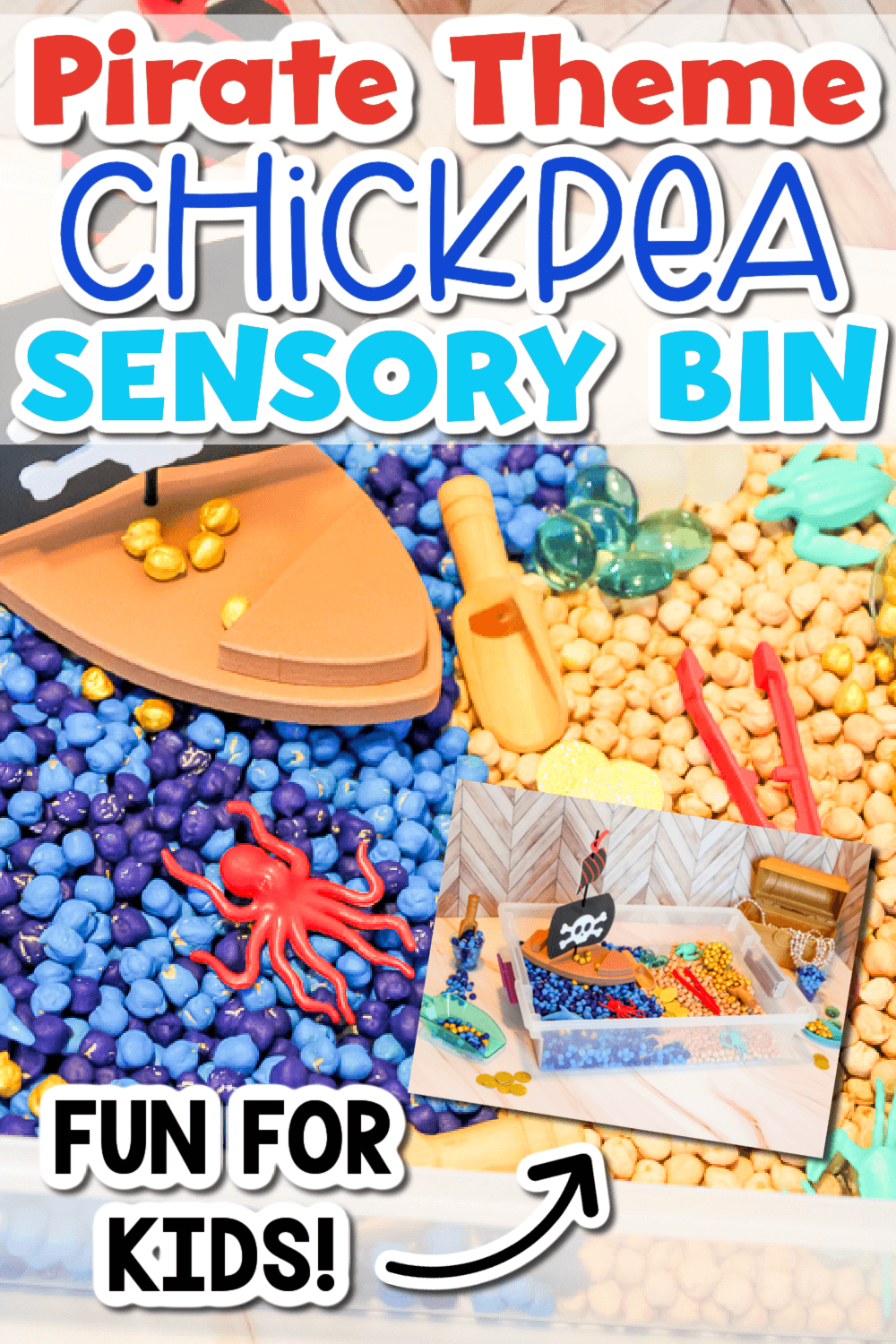 two photos of a pirate sensory bin for kids.