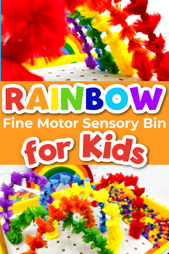 two photos showing a rainbow pipe cleaner fine motor activity for kids.