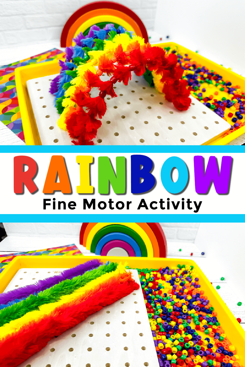 photo collage showing a rainbow fine motor activity using pipe cleaners. 