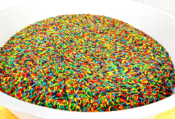 rainbow rice inside a large white bowl for the sensory bin.