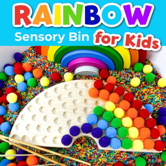 close up image of a rainbow sensory bin made with pom poms, rice, and wooden puzzles.