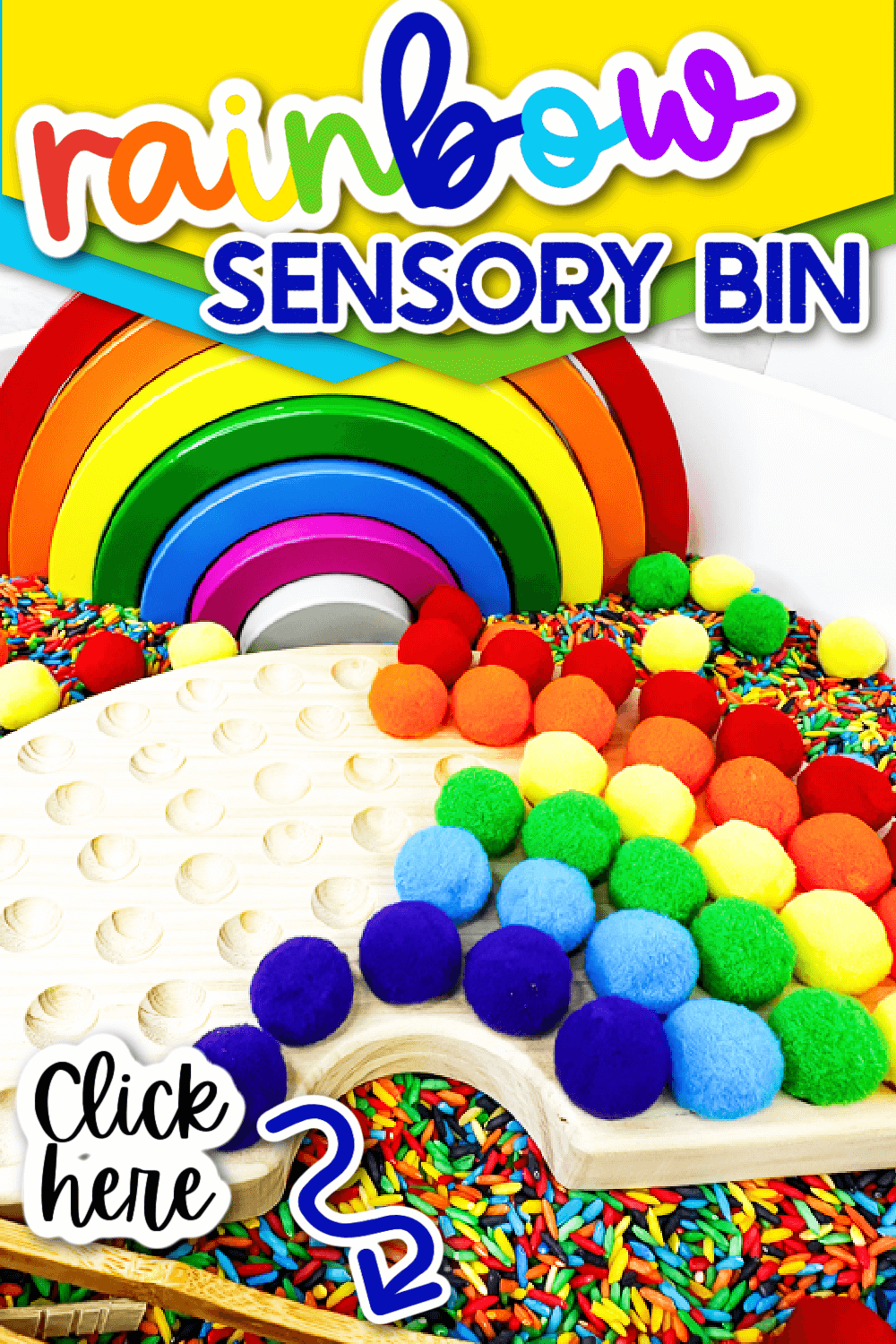 close up view of the rainbow sensory bin.