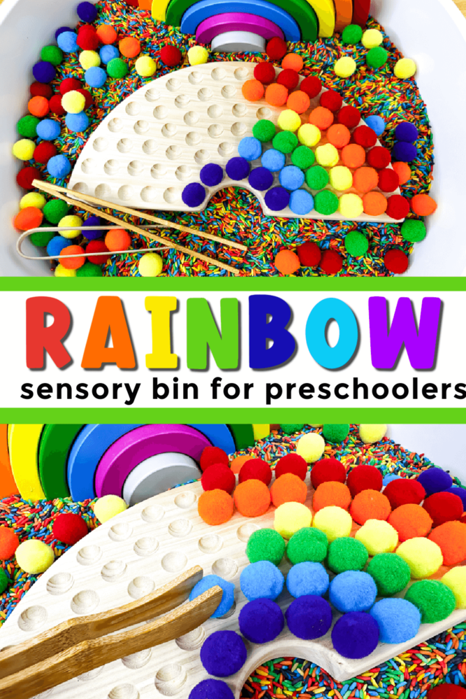 two photos showing a rainbow sensory bin for preschool.
