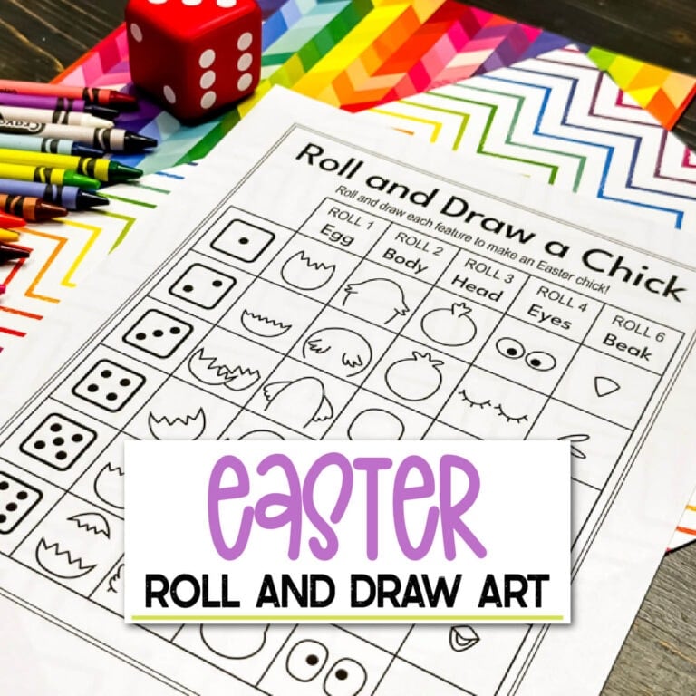 an "roll and draw a chick" worksheet next to a dice and crayons.