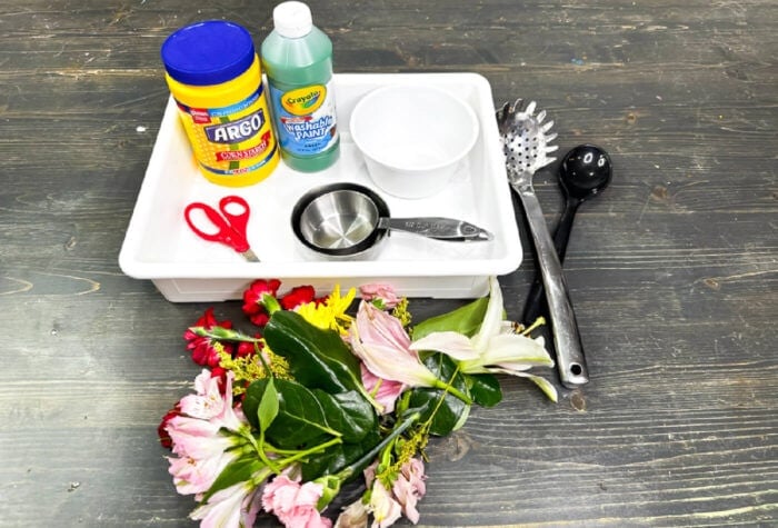 How to Make Spring Flower Ooblek for Kids 14 supplies for making the spring ooblek with flowers.