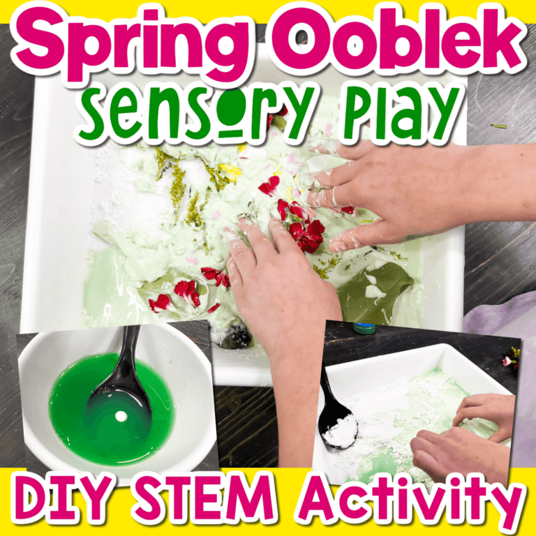 photo collage showing a spring ooblek activity for kids.