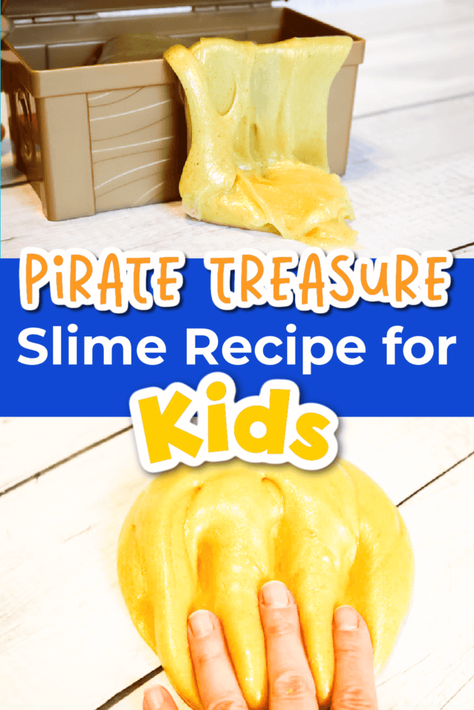 How to Make Golden Slime for Kids 6 photo collage of golden slime for a pirate theme.