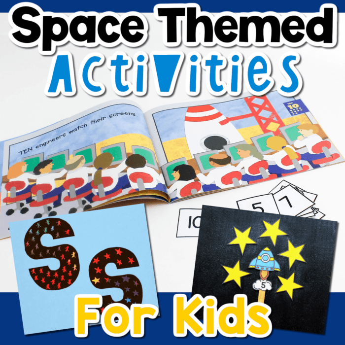 photo collage of several space-themed learning activities for kids.