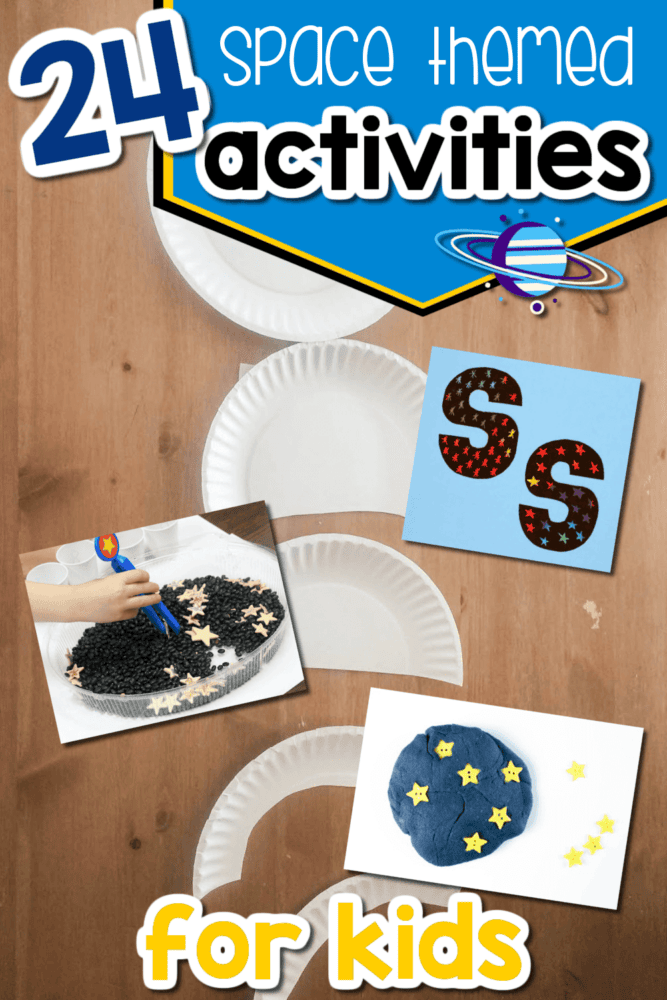 photos showing several hands-on activities for a preschool space theme.