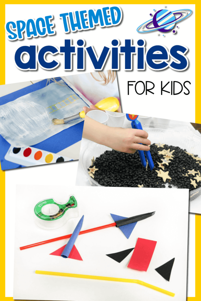 photo collage of space-themed activities for preschoolers.