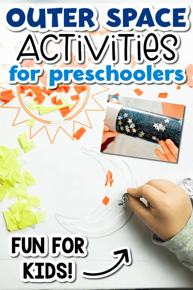 photo collage of activities for space-themed preschool lesson plans.