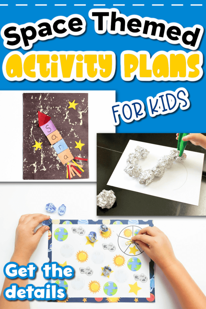 photo collage showing space-themed activities for kids.