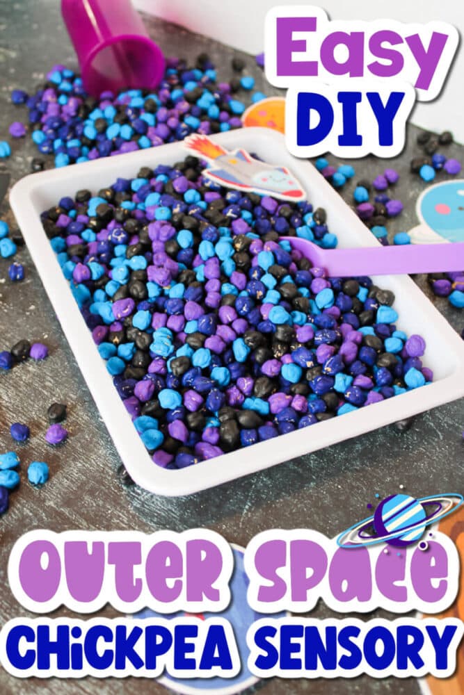 a space sensory bin made with blue, black, and purple dyed chickpeas.