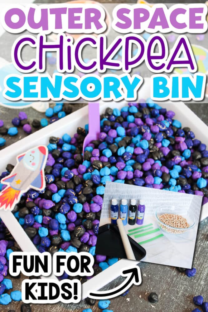 two photos of a space sensory bin using dyed chickpeas as the base.