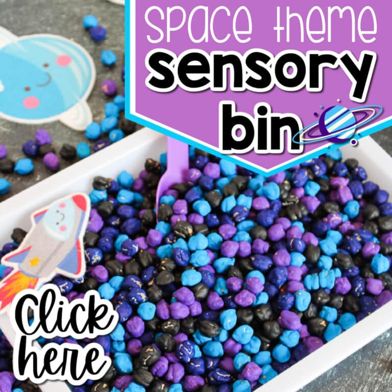 space theme sensory bin made with colorful painted chickpeas.