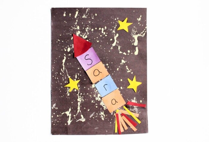 Exciting Outer Space Theme Lesson Plans for Preschool 13 a rocket ship craft made out of the letters of the name "sara".