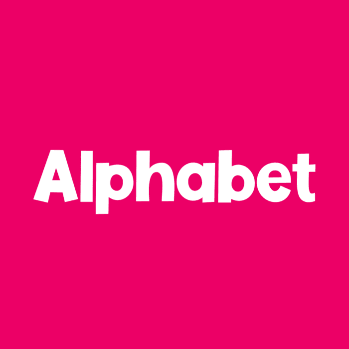 pink background with white text says 'alphabet'