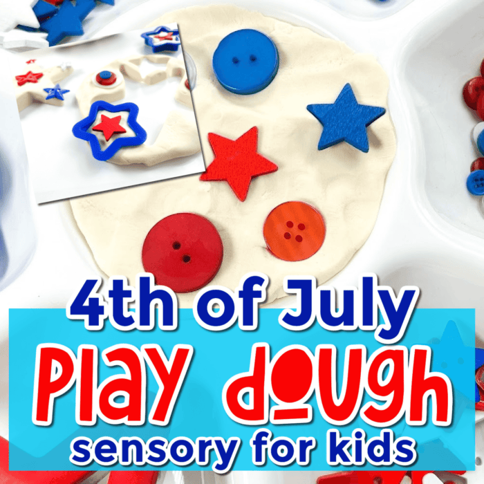 overhead view of play dough, buttons, beads, and cookie cutters in a tray for a 4th of july activity. text says [4th of july play dough sensory for kids]