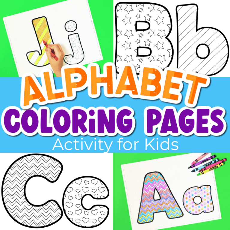 photo collage showing free printable alphabet coloring pages for kids.