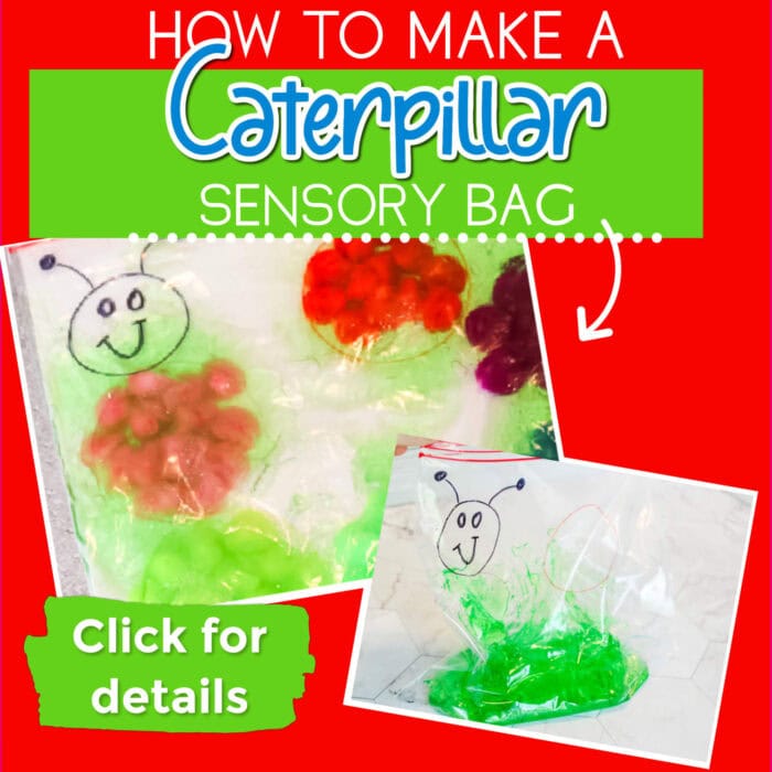 two photos of a caterpillar sensory bag for kids.