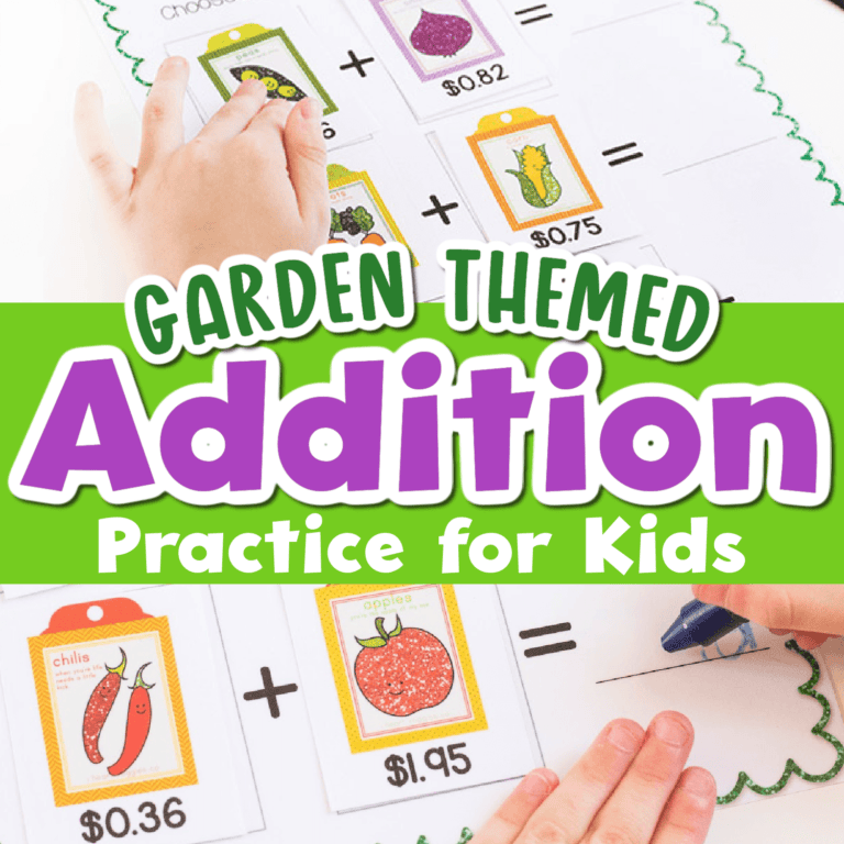 two photos of a garden theme money activity for kids.