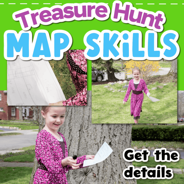 three photos of an outdoor treasure hunt activity for kids.