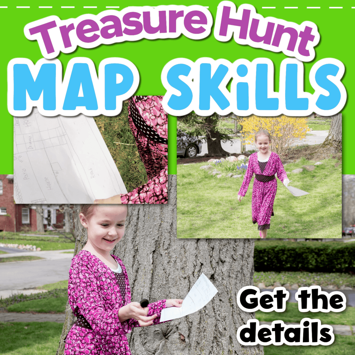 three photos of an outdoor treasure hunt activity for kids.
