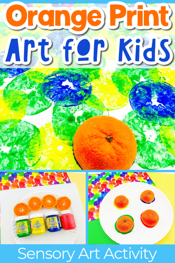 photo collage of a painting project using oranges and colorful paint.
