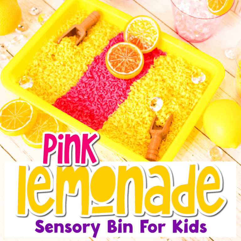 overhead view of a lemonade theme sensory bin made with pink and yellow rice.
