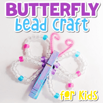 up close image of a butterfly craft made with pipe cleaners, beads, and a clothespin.