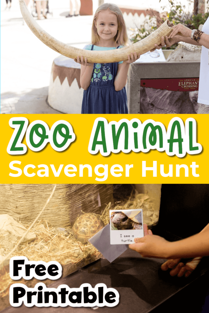 Free Printable Zoo Scavenger Hunt Book for Kids 17 two photos of kids at the zoo and a zoo scavenger hunt book.