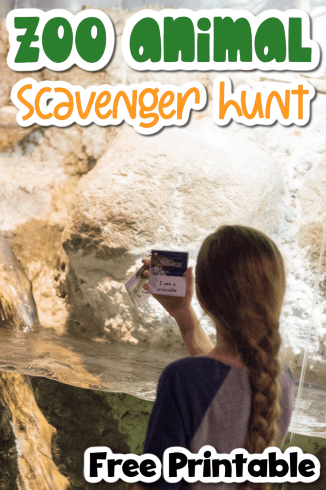 photo of a girl holding up a zoo scavenger hunt book as she looks at a zoo exhibit.