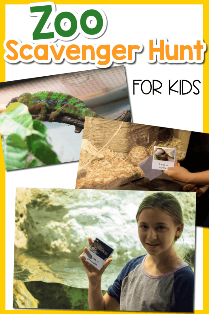 photo collage showing animals at the zoo and a printable zoo scavenger hunt book.