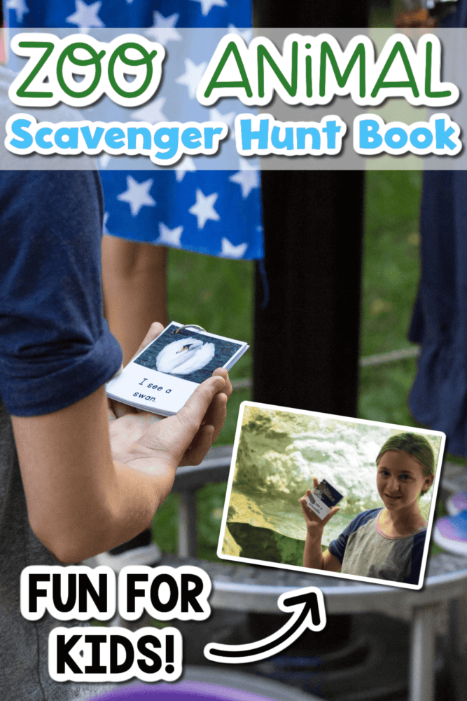 two photos of kids using a printable zoo scavenger hunt book while at the zoo.