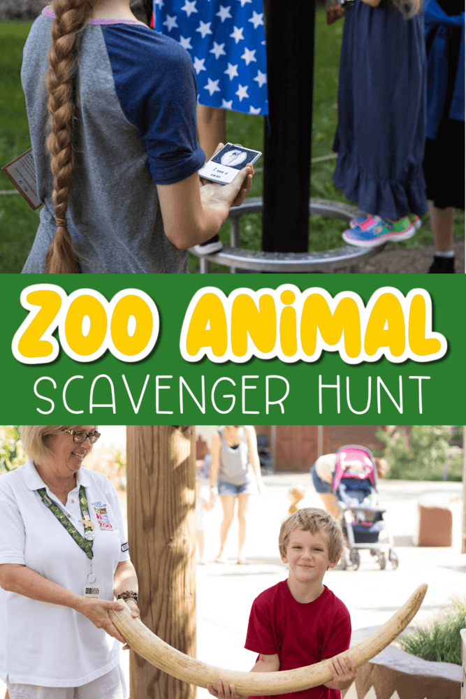 two photos of kids at the zoo using a zoo animal scavenger hunt book.