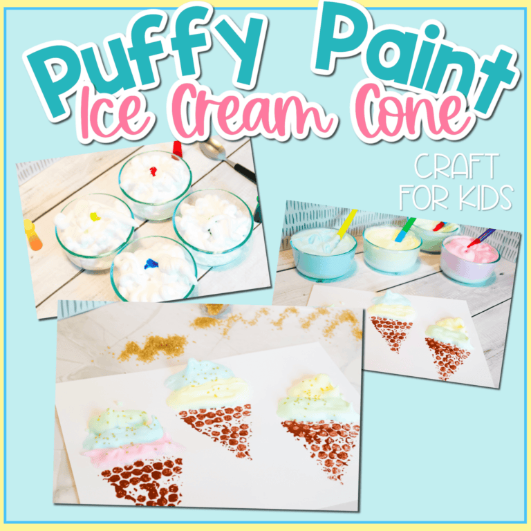 photo collage of a diy puffy paint ice cream craft.