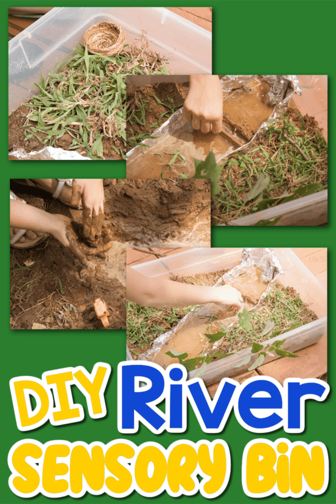 photo collage of a child making and playing with a river sensory bin.