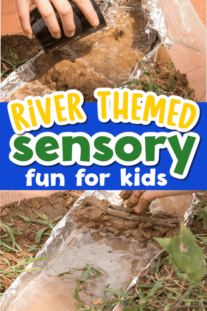 two photos of a child creating a river theme sensory bin.
