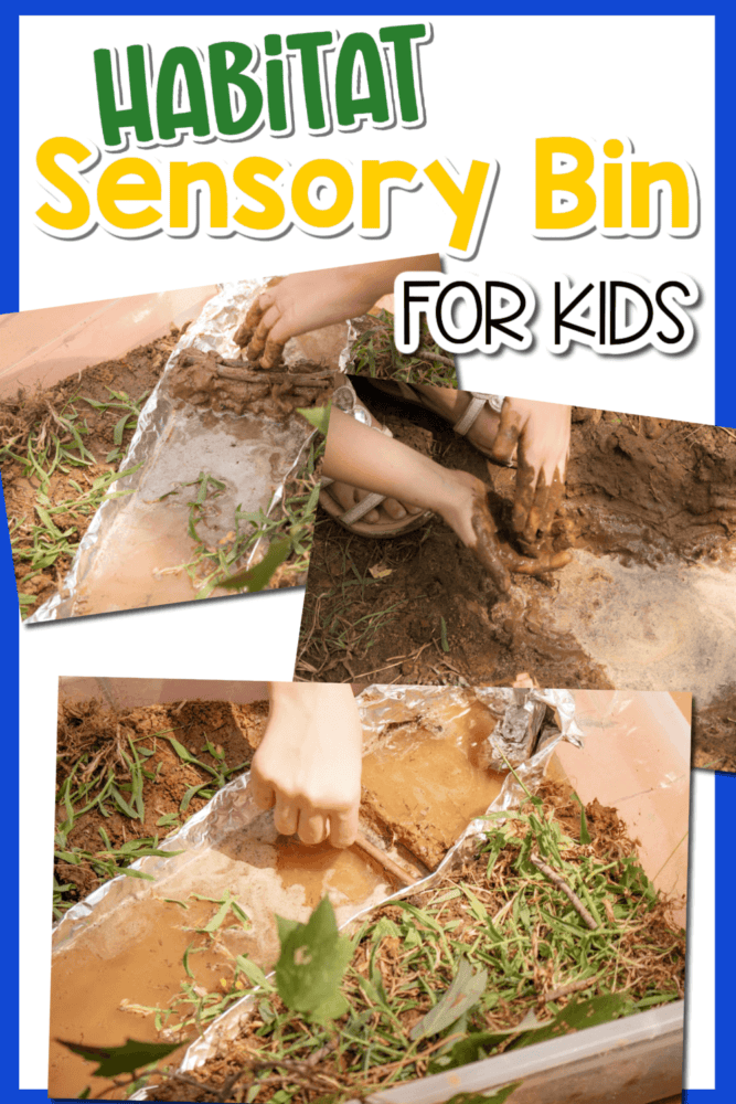 photo collage of steps to make a river sensory bin.