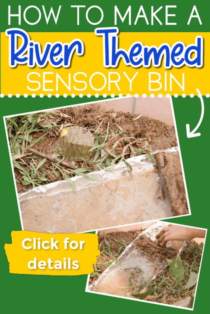 photos of a river themed sensory bin made with dirt, grass, and water.