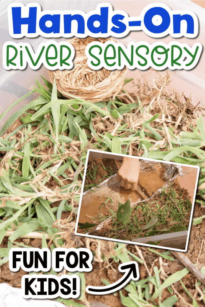 photos of a diy river sensory bin for kids.