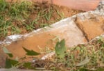 a river made with aluminum foil inside a bin with sticks, dirt, grass, and leaves.