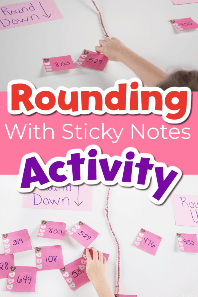 photo collage showing a rounding activity with sticky notes & a poster board.