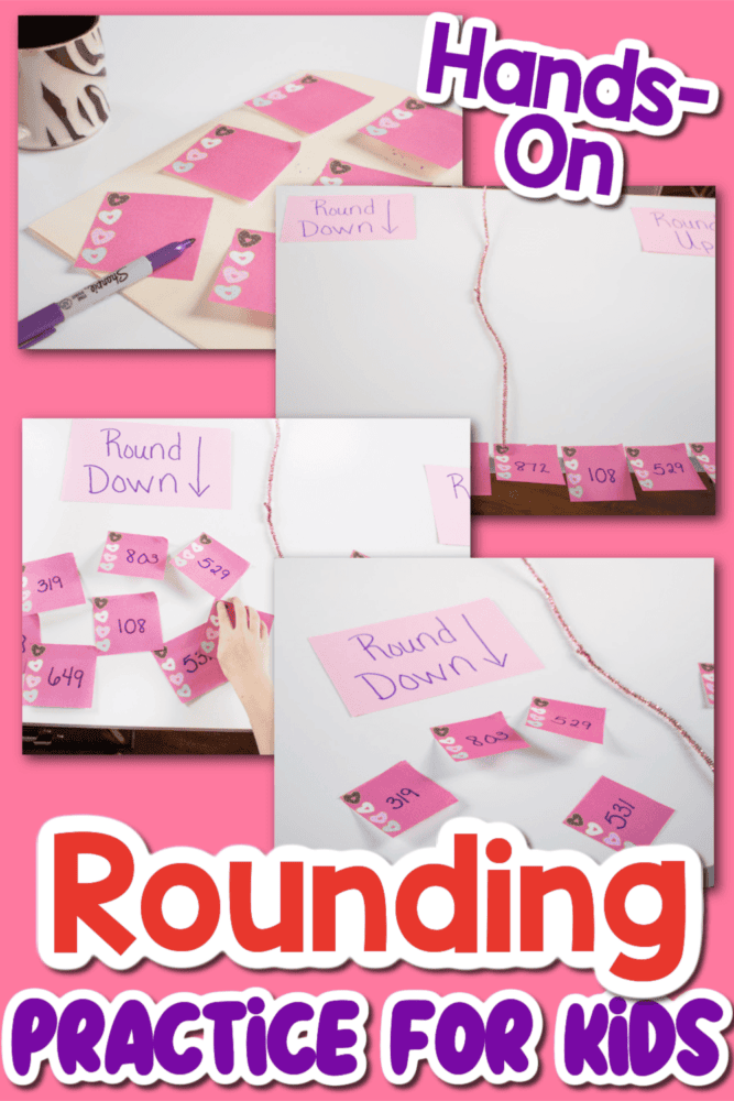 photo collage of a simple rounding activity using a poster board and sticky notes.