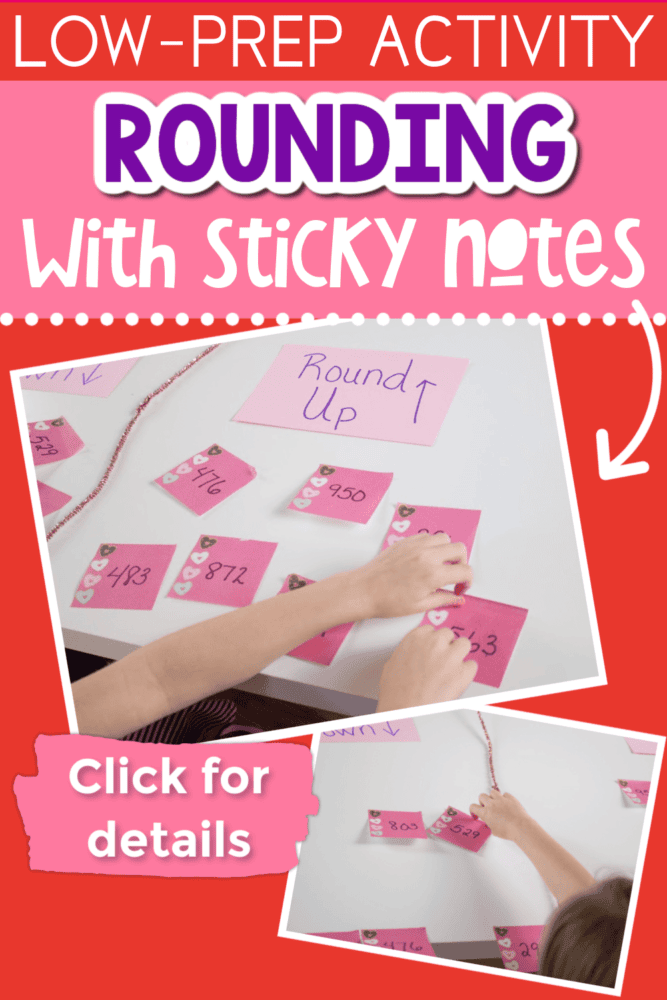 two photos of a sticky notes rounding activity for kids.