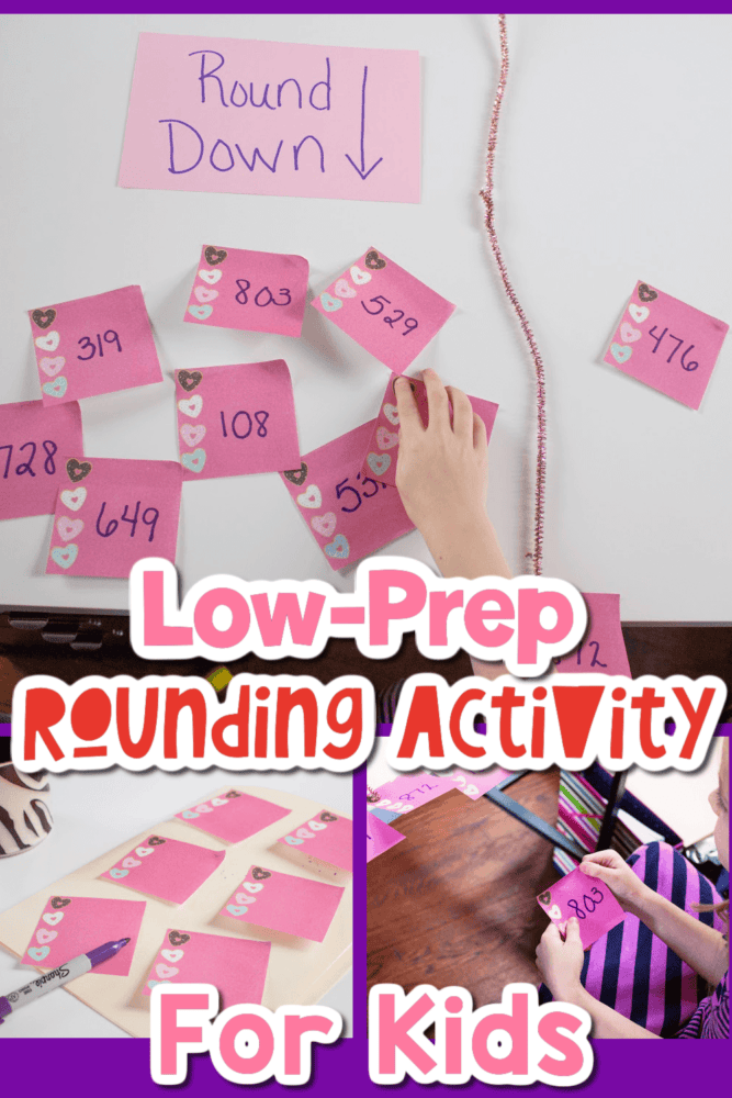 photo collage of a child doing a rounding activity with sticky notes and a poster board.
