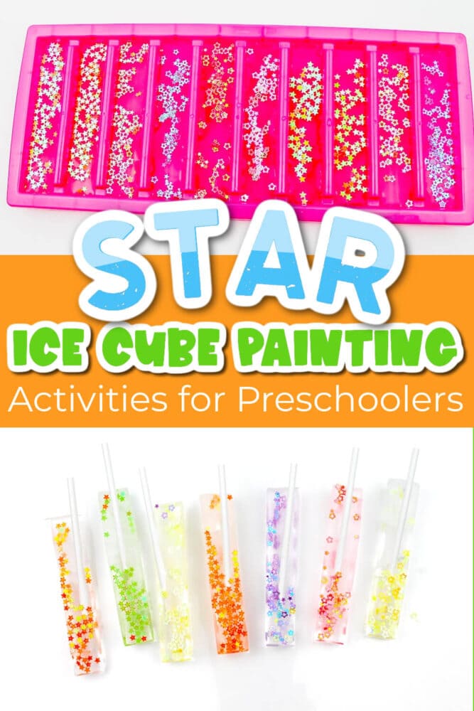 two photos of a star ice cube painting activity for kids.
