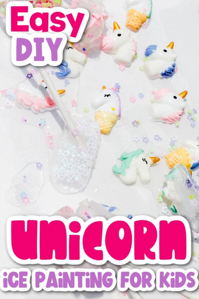 close up picture of a person painting with a unicorn ice cube so that the ice cube is melting & unicorn charms are coming out of the ice.