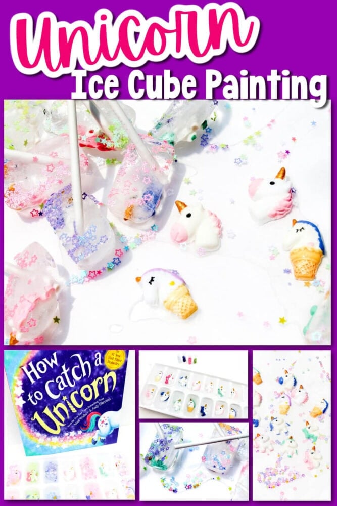 photo collage showing steps to make colorful, glittery unicorn ice cubes.