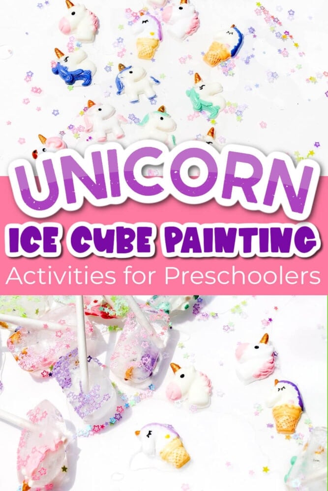 photo collage of glittery ice cubes made with unicorn charms frozen inside for an ice painting activity.